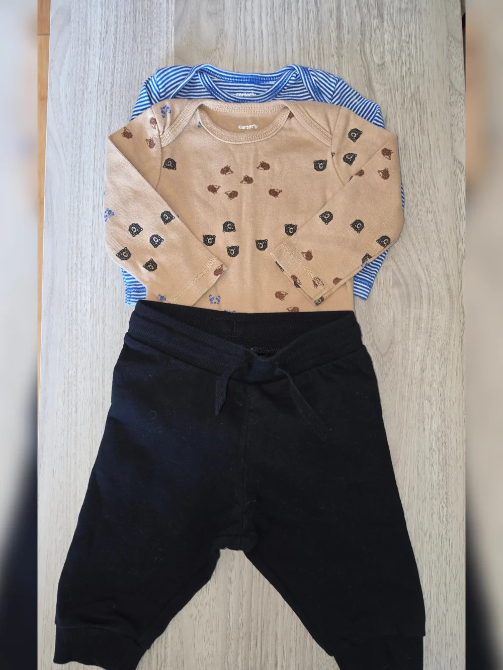 Carter's Tan Bear Print Bodysuit, Blue Striped Top & Black Pants Set